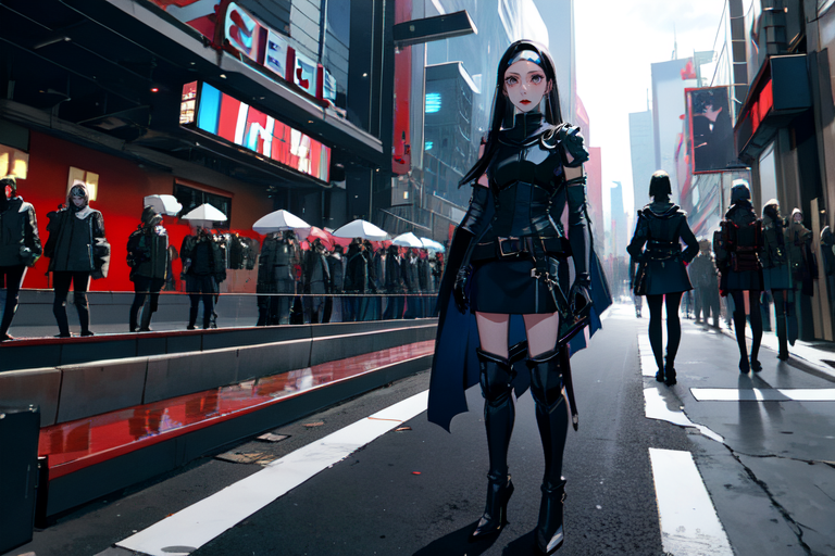 highly insanely detailed, masterpiece, top quality, best quality, highres, 4k, 8k, RAW photo, (very aesthetic, beautiful and aesthetic),  
beth_\(megami_tensei\),bethsmtii,shin megami tensei ii,long hair,black hair,straight hair,sleek black,jewelry,cross,headband,red_lipstick,long white gloves,heeled_boots,armored_heels,elbow gloves,elbow pads,thigh boots,breastplate,white gloves,Tokyo_Millennium,post-apocalyptic_city,dystopian_world,Valhalla,Entertainment_district,Center_District,City_center,ruling_government,Great_Cataclysm,World_ending_event,apocalyptic_disaster,city_rebirt, 
<lora:zs_Beth:0.7>, 
(1girl:1.3), 1other, 
(in line in front of a movie theater with friends:1.4),âââ