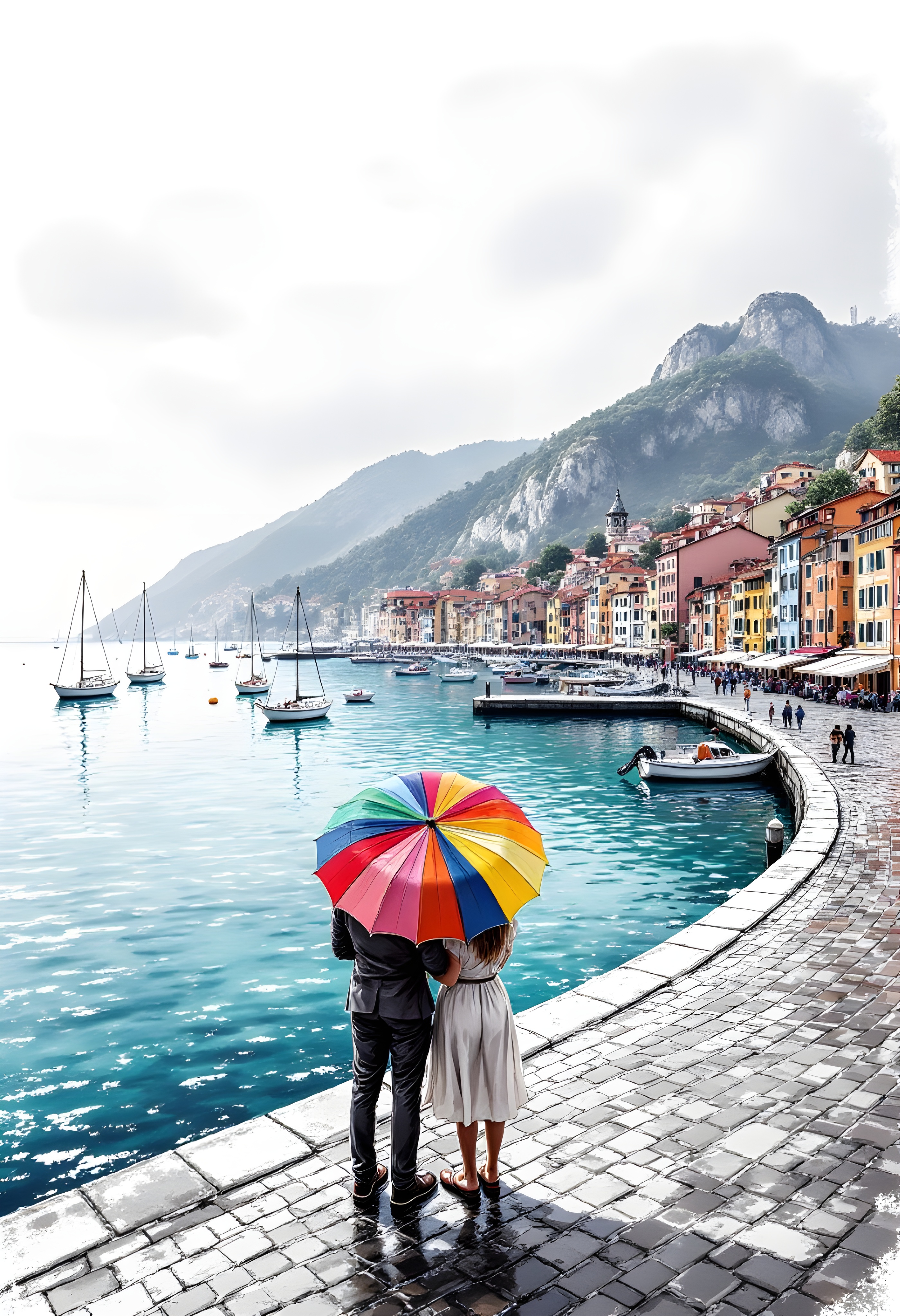 1nk3d_0u7, a couple standing under a single large, colourful umbrella on a rain-soaked cobbled promenade in the charming old Adriatic town and watching Adriatic Sea in the mix of turquoise and deep blues and greens, with several small sailboats gently bobbing in the harbor. The sky is mix of white, gray and dark blue. The rain reflects vividly on the wet cobblestones, creating a mirror-like surface