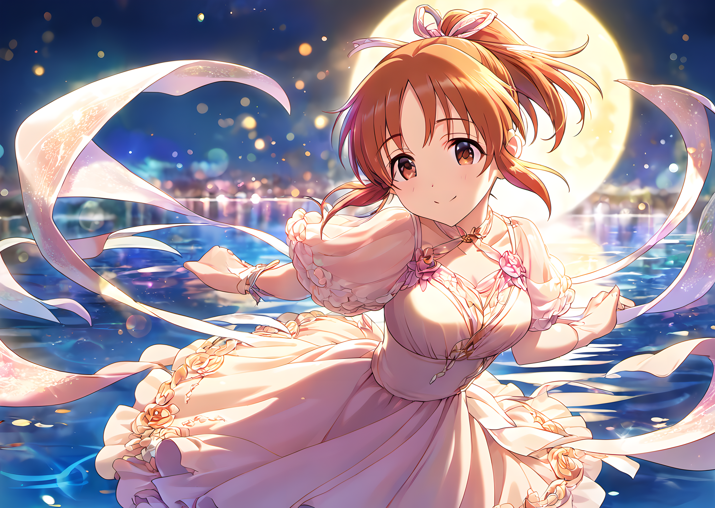 <lora:AbeNana_pony_v1:0.8>,abnn,small petite,short hair,brown hair,orange hair,ponytail,hair_ribbon,bangs,brown eyes,large breasts,score_9,score_8_up,score_7_up,source_anime,(dance on the water:1.2),(dance and dance:1.2),light pimk dress,full_moon,moonlight,strong rim light,bokeh,light reflection on the surface,many ripples,silhouette,smile,:d,full_shot,
