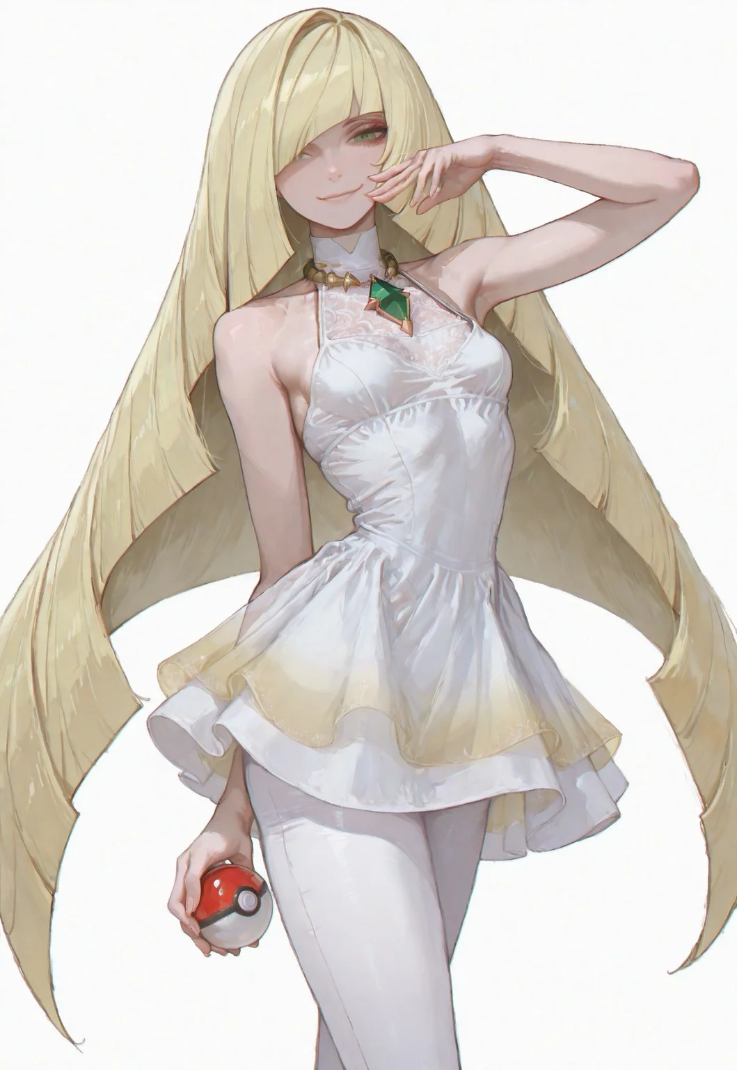 masterpiece,best quality,amazing quality, absurdres, volumetric lighting, chromatic aberration, 4k, intricate details,
1girl, solo, slender body, (small breasts), lusamine (pokemon) green eyes, blonde hair, very long hair, hair covering one eye, white dress, sleeveless dress, gradient dress, jewelry, gem, necklace, white leggings, two-tone leggings, high heels, white footwear, looking at viewer, standing, cowboy shot, holding a pokeball, cool pose, sexy pose, cute smile, dynamic pose, plain white background, celshaded cannedmos, 69yottea_style_illu, 7481llu, lineart,