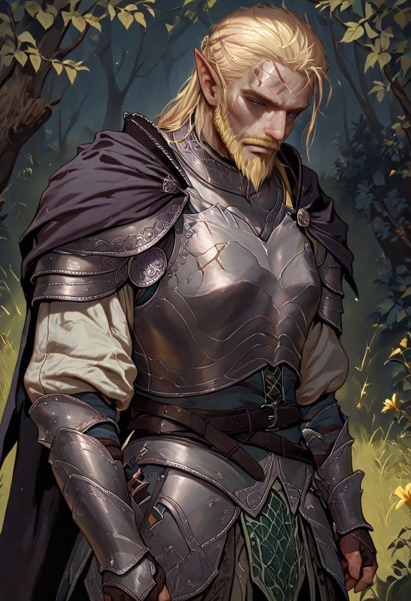 masterpiece, best quality, newest, absurdres, highres,
DPILV1.0,
1boy, manly, elf, beard, muscular male, blonde, blonde hair, pointy ears, scar, scar on face, armor, cape, chestplate, chest armor,