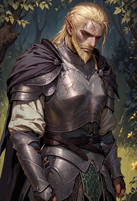 masterpiece, best quality, newest, absurdres, highres,
DPILV1.0,
1boy, manly, elf, beard, muscular male, blonde, blonde hair, pointy ears, scar, scar on face, armor, cape, chestplate, chest armor,