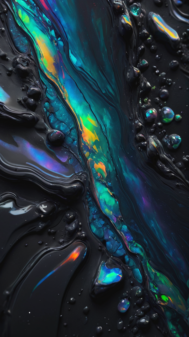 Iridescent opal style, macro, concept art, masterpiece, fulcolor, dark noir, muffled light, realistic, soft shadows, best quality, hyper detailed, 4k.