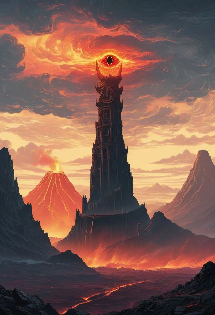 ((masterpiece, best quality)), high resolution, highly detailed, 32k picture, realistic, professional photo,
cinematic, movie poster, flat colors, warm colors, SauronsTower, eye focus, big eye, cloud, cloudy sky, mountain range, volcano,