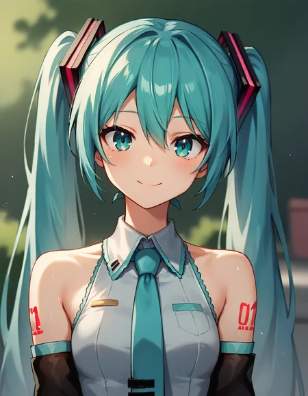 score_9,score_8_up,score_7_up,score_6_up BREAK official art,solo,outdoors,smile,upper body,(portrait:2),cheek-to-cheek,looking at viewer,facing viewer,hatsune miku,absurdly long hair,aqua hair,twintails,hair ornament,sidelocks,hair between eyes,parted bangs,aqua eyes,white shirt,collared shirt,bare shoulders,sleeveless shirt,aqua necktie,detached sleeves,black sleeves,shoulder tattoo,fringe,black thighhighs,miniskirt,pleated skirt,zettai ryouiki,thigh boots,<lora:Hatsune Miku(voi)-Pony:1.2>,<lora:Smooth Anime Style LoRA XL:0.8>,
