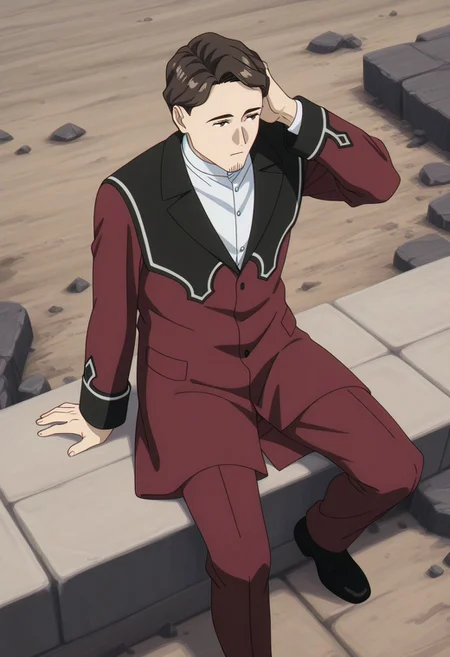 perfect anatomy, perfect proportions, best quality, masterpiece, high_resolution, high quality, best aesthetic, incredibly absurdres, highres, extremely detailed, huge filesize, solo male, adult, mature, masculine, manly, handsome, charming, alluring, standing, upper body, dutch angle, cowboy shot, perfect face, source_anime \(Frieren: Beyond Journey's End\), anime coloring \(Frieren: Beyond Journey's End\), Richter\(Frieren: Beyond Journey's End\), FRRRichter, dark brown hair, short hair, facial hair, stubble, brown eyes, FRRRichter_outfit,white collared shirt, tunic collared shirt, stand collar shirt, red brown coat, red/black coat, red brown pants, black footwear, sitting on ground, relaxed pose, leaning slightly, one knee bent upward, other leg extended, (hand supporting head), legs spread, contemplative expression, guarded posture, view from above, earthquake, debris, earth fissure