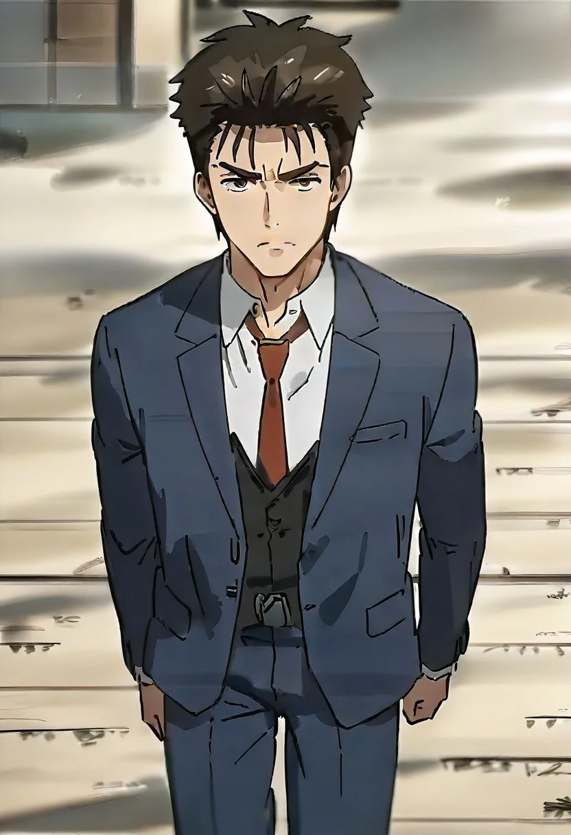 (score 9, score 8 up, score 7 up),((source anime, best quality, best aesthetic, perfect anatomy)),1boy,male focus,handsome detailed face,black eyes,blazer,collared shirt,slim body,skinny,necktie,solo,((Angry, Walking, front lighting, gradient_background, bird's eye view, angled)),<lora:Shinich:1>,shinichi,<lora:Smooth Anime 2 Style SDXL_LoRA_Pony Diffusion V6 XL:1>,<lora:aesthetic_anime_v1s:1>,