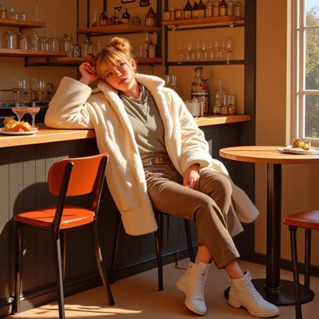 This is a digital drawing in a semi-realistic style, showcasing a woman leaning against a chair, cozy cafe. The subject has blonde space buns. She she has a fair complexion with freckles scattered across her cheeks - mascara. She wears an oversized white coat with fur. High society aesthetic. Her clothing is wrinkled, adding to the casual, relaxed vibe of the scene. The woman is chubby giving her a very cute appearance in her rounded face, cheeks, plump lips. She is wearing white boots, leather pants. The woman is posed casually, lounging against the bar in a relaxed state without a care in the world.  The background features a cafe room with glasses, food, deco. The room is painted in a hazy ochre hue, contrasting with the warm, sharp amber-colored lighting that bathes the scene. The lighting casts dramatic shadows, emphasizing the woman's curvy body and the texture of her clothing. The overall mood of the image is contemplative and somewhat melancholic, enhanced by the warm, muted tones and the woman's introspective posture. Ultra-detailed, HD, 8K quality, flawless anatomy, and vibrant contrasts that elevate the composition's opulent allure. The image has high contrast where reflected light appears brighter and shadows appear darker which enhances the contrast and hue which results in a visually stunning image that captures the eye easily.