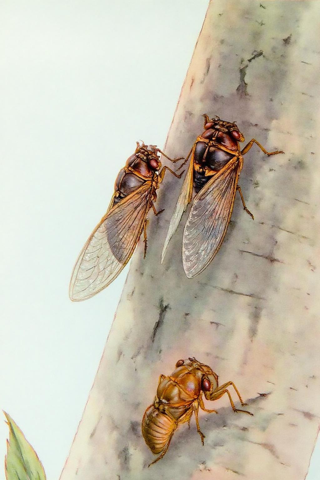 detmo1d watercolor painting.
This is a detailed, realistic watercolor painting depicting a scene of cicadas on a tree trunk. The artwork showcases two cicadas in various stages of development. The cicada on the left is fully developed, with its wings spread wide, showcasing a translucent, delicate wing structure in shades of brown and tan. Its body is a darker brown, and its compound eyes are prominently visible. <lora:detmold1_cap_d6a3e13:1.0><lora:831795407282506428:0>