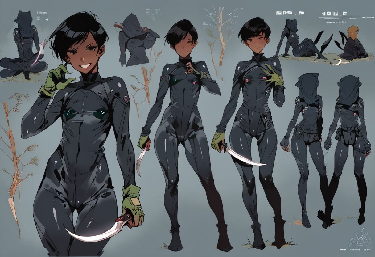 score_9, score_8_up, score_7_up, score_6_up, score_5_up, score_4_up,  1girl,  black eyes, green tree, ((midnight)), tilted angle, loop lighting, (((forest))), solo, ((((holding sickle)))), Concept Art,  flat breasts, flat ass, skinny leg, skinny body, slim girl, (18 years old)), ((pettie)), narrow waist, flat chest, , (((short))), flat breasts, flat ass, narrow waist, ((flat chest)), (((short))), ((flat chest)), (((anorexic))), ((((dark skin woman))))), (((tight green glove))), ((((bodysuit)))), black hair, (((pixie cut))),  (((smile mouth))), ((green glove)), , ((nipple)), ((((((dynamic pose)))))))   , ((((((dynamic hand))))))) , ((((((dynamic leg))))))) ,(((((((black bodysuit)))))), ((((lesbian))))), ((((crouched on a very high tree)))), ((((((((character sheet)))))))), (black face), faceless