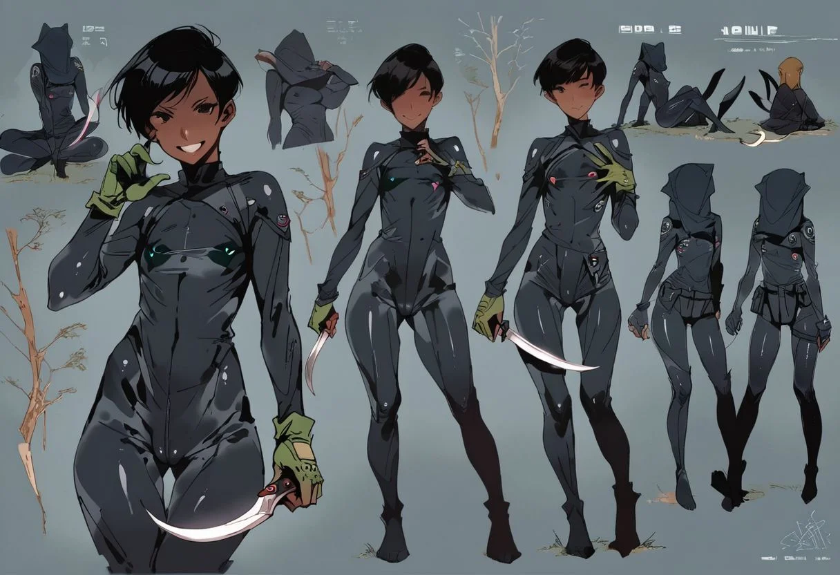 score_9, score_8_up, score_7_up, score_6_up, score_5_up, score_4_up, 1girl, black eyes, green tree, ((midnight)), tilted angle, loop lighting, (((forest))), solo, ((((holding sickle)))), Concept Art, flat breasts, flat ass, skinny leg, skinny body, slim girl, (18 years old)), ((pettie)), narrow waist, flat chest, , (((short))), flat breasts, flat ass, narrow waist, ((flat chest)), (((short))), ((flat chest)), (((anorexic))), ((((dark skin woman))))), (((tight green glove))), ((((bodysuit)))), black hair, (((pixie cut))), (((smile mouth))), ((green glove)), , ((nipple)), ((((((dynamic pose))))))) , ((((((dynamic hand))))))) , ((((((dynamic leg))))))) ,(((((((black bodysuit)))))), ((((lesbian))))), ((((crouched on a very high tree)))), ((((((((character sheet)))))))), (black face), faceless