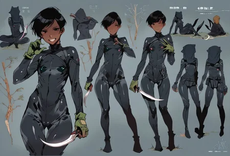 score_9, score_8_up, score_7_up, score_6_up, score_5_up, score_4_up, 1girl, black eyes, green tree, ((midnight)), tilted angle, loop lighting, (((forest))), solo, ((((holding sickle)))), Concept Art, flat breasts, flat ass, skinny leg, skinny body, slim girl, (18 years old)), ((pettie)), narrow waist, flat chest, , (((short))), flat breasts, flat ass, narrow waist, ((flat chest)), (((short))), ((flat chest)), (((anorexic))), ((((dark skin woman))))), (((tight green glove))), ((((bodysuit)))), black hair, (((pixie cut))), (((smile mouth))), ((green glove)), , ((nipple)), ((((((dynamic pose))))))) , ((((((dynamic hand))))))) , ((((((dynamic leg))))))) ,(((((((black bodysuit)))))), ((((lesbian))))), ((((crouched on a very high tree)))), ((((((((character sheet)))))))), (black face), faceless