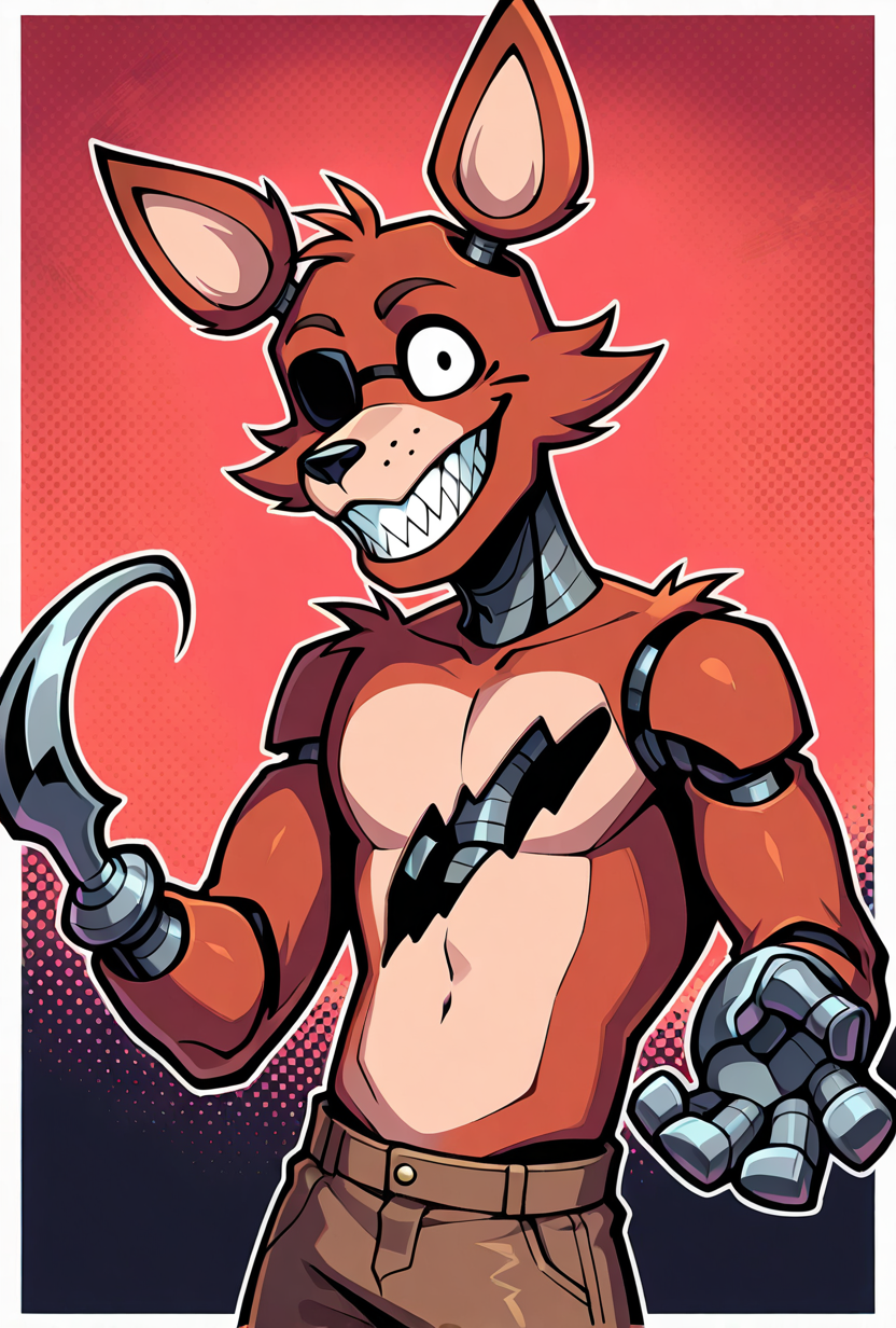 <lora:foxy-09:1> foxy, animal ears, 1boy, solo, sharp teeth, eyepatch, pirate hook,  joints, animatronic, brown ripped shorts, smile, cartoon, vibrant red background, pose, showing off pirates hook hand,, masterpiece, best quality, amazing quality, very aesthetic, absurdres, newest,, upper body, halftone effect, white borders, abstract background:1.2,