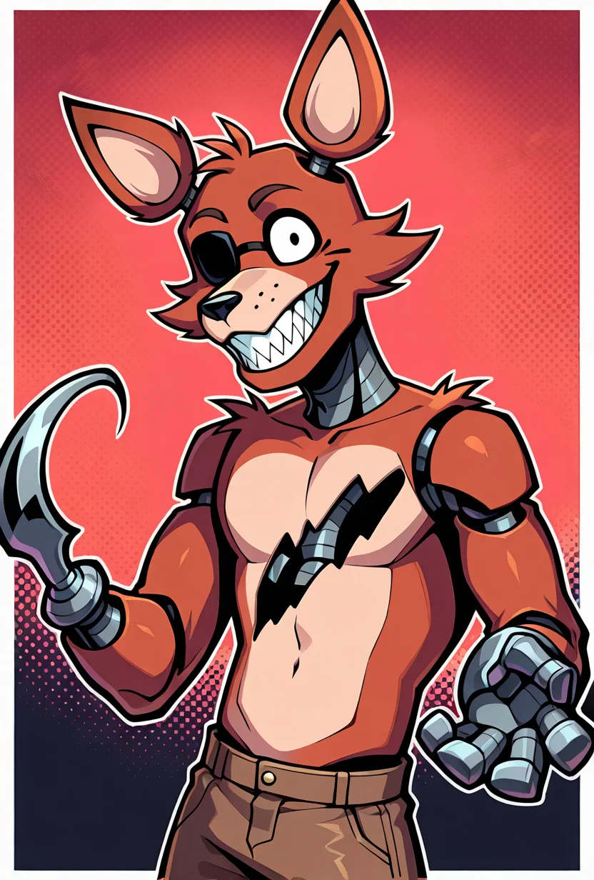 <lora:foxy-09:1> foxy, animal ears, 1boy, solo, sharp teeth, eyepatch, pirate hook, joints, animatronic, brown ripped shorts, smile, cartoon, vibrant red background, pose, showing off pirates hook hand,, masterpiece, best quality, amazing quality, very aesthetic, absurdres, newest,, upper body, halftone effect, white borders, abstract background:1.2,