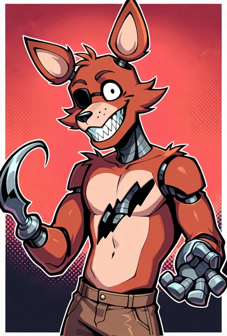 <lora:foxy-09:1> foxy, animal ears, 1boy, solo, sharp teeth, eyepatch, pirate hook, joints, animatronic, brown ripped shorts, smile, cartoon, vibrant red background, pose, showing off pirates hook hand,, masterpiece, best quality, amazing quality, very aesthetic, absurdres, newest,, upper body, halftone effect, white borders, abstract background:1.2,