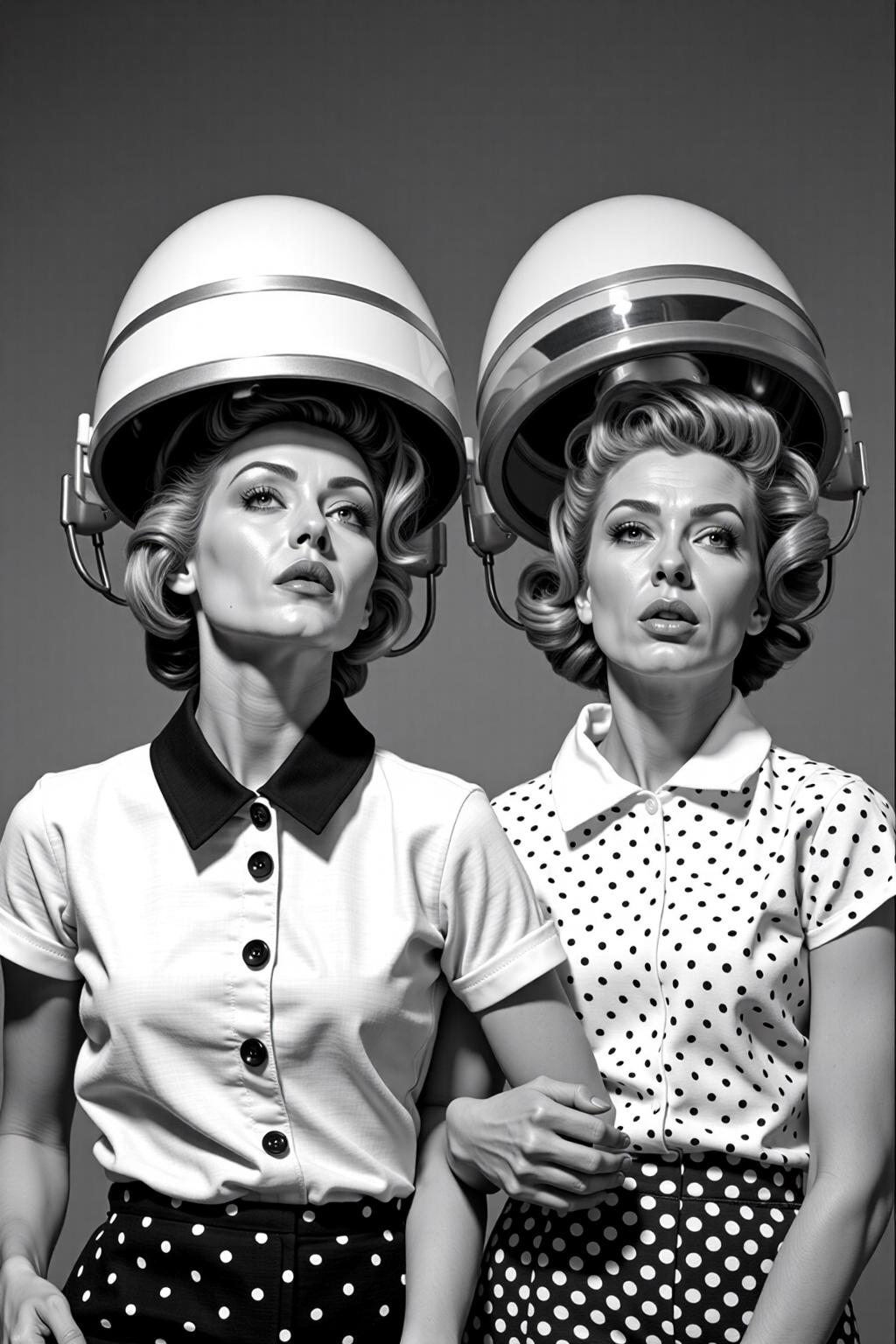 a black and white photo of two women stand side by side, their heads tilted slightly to the left. Both women are dressed in a short-sleeved white collared button-down shirt, adorned with polka dots. The woman on the left is wearing a short sleeved white shirt with a black collar. Her hair is styled in a bob under a large vintage hair dyer, adding a pop of color to her face. The women on the right is also wearing a collared white shirt, with a polka dot pattern on it. The backdrop is a stark gray, creating a stark contrast to the women's faces. <lora:vintage_hair_dryer_v1:1.0> <lora:Flux-Sch-SingleBlocks-BF16:1.0><lora:803956017680478539:0>
