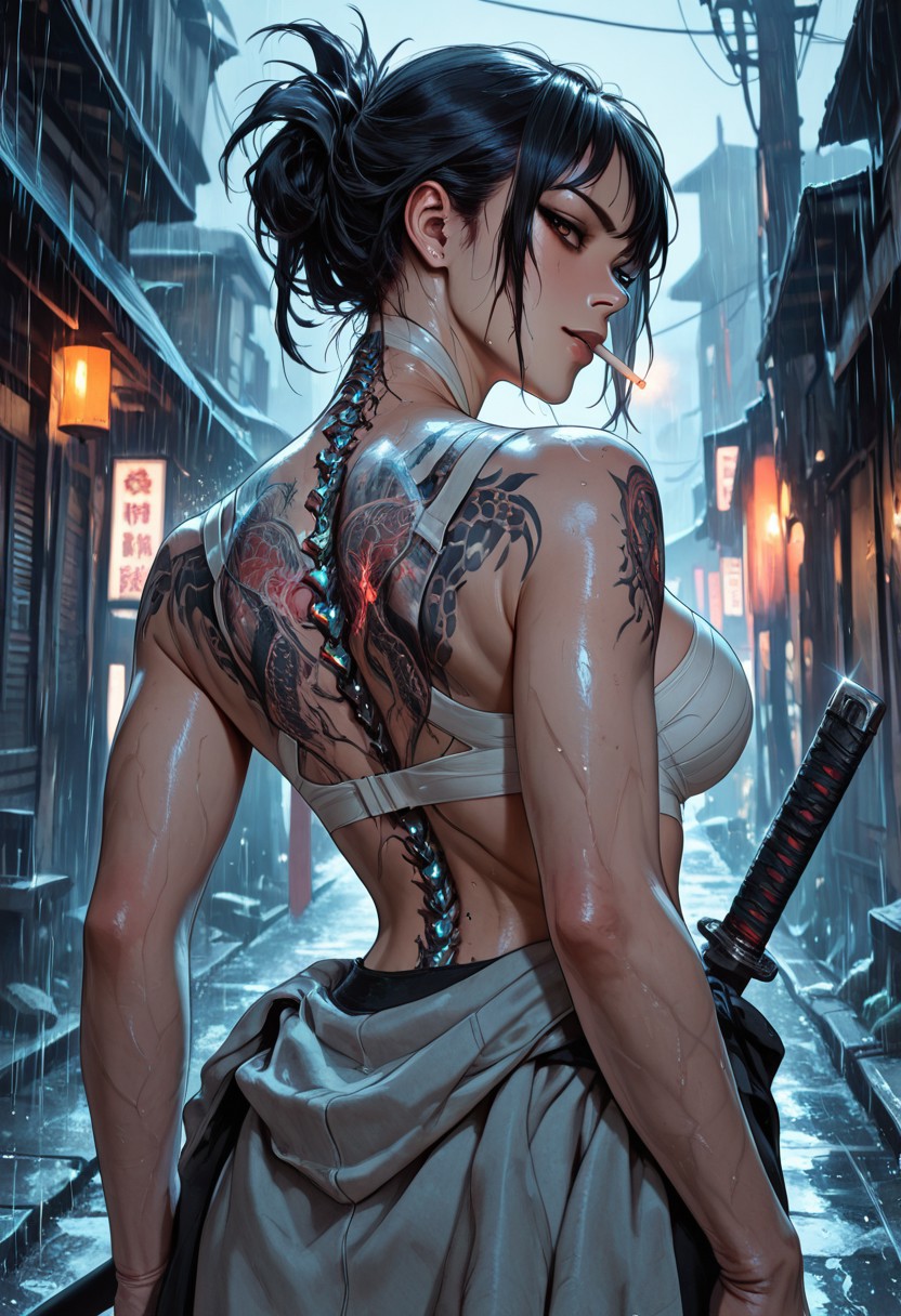 highres, very detailed, amazing quality, masterpiece,
very aesthetic,
particle effect, Cinematic, 
1girl, solo, toned, toned body, Black hair, hair up, beautiful, exposed shoulders, exposed back, bionic spine, smoking, cigarette, strong face, angled face, brown eyes, female yakuza, cybernetic katana, strapless bandage bra, large breasts, looking at viewer, intense glint in eye, beautiful eyes, smirk, 
Back tattoo, Dragon back tattoo, 
Sweater around waist, 
Raining, ancient Japanese street, 
Close up, cowboy shot, 
From behind, View from behind,
