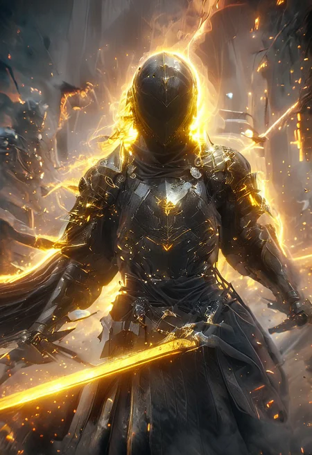 1man, Cyborg Samuraii in golden samurai armor, wearing samurai helmet and armor, golden fire, wielding dual swords:1.2, brave perspective, reflection, glowing golden fire, golden lightning shatter, , glowing sword, motion blur, emphasis line, outdoor in the darkness, looking at viewer, katanas