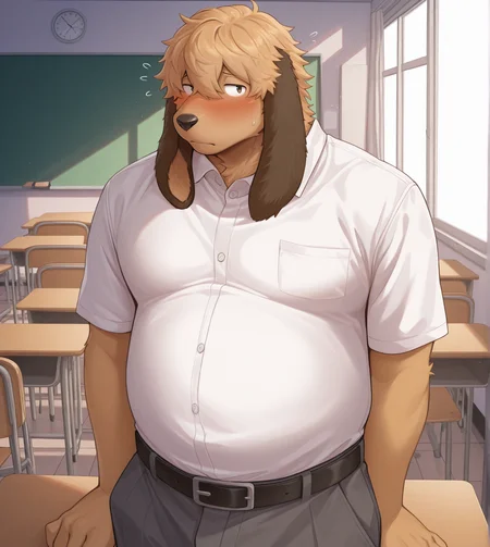 solo, anthro, furry, looking at viewer, male, white shirt, collared shirt, pants, classroom, slightly chubby, shy, blush, looking away, 
BREAK masterpiece, best quality, amazing quality, very aesthetic, high resolution, ultra-detailed, absurd res, newest,  <lora:Smell:1>, noi