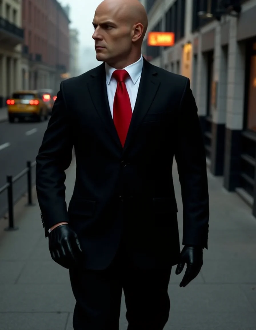 <lora:Hitman (World of Assassination)_epoch_5:1>, a bald man wearing a black suit with a red necktie,white shirt,black gloves,black pants,black shoes,a hitman,city,