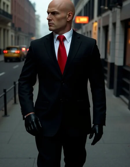 <lora:Hitman (World of Assassination)_epoch_5:1>, a bald man wearing a black suit with a red necktie,white shirt,black gloves,black pants,black shoes,a hitman,city,
