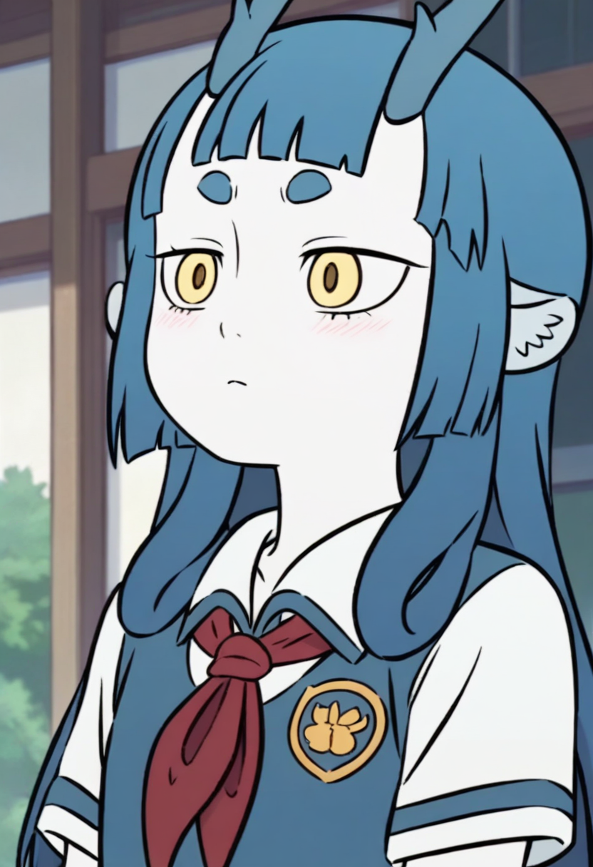 <lora:longnu:1>,longnu,1girl,horns,blue hair,long hair,blunt bangs,yellow eyes,short eyebrows,animal ears,white skin,
shirt,white shirt,school uniform,collared shirt,short sleeves,red neckerchief,, masterpiece,best quality,amazing quality,absurdres, anime screenshot,