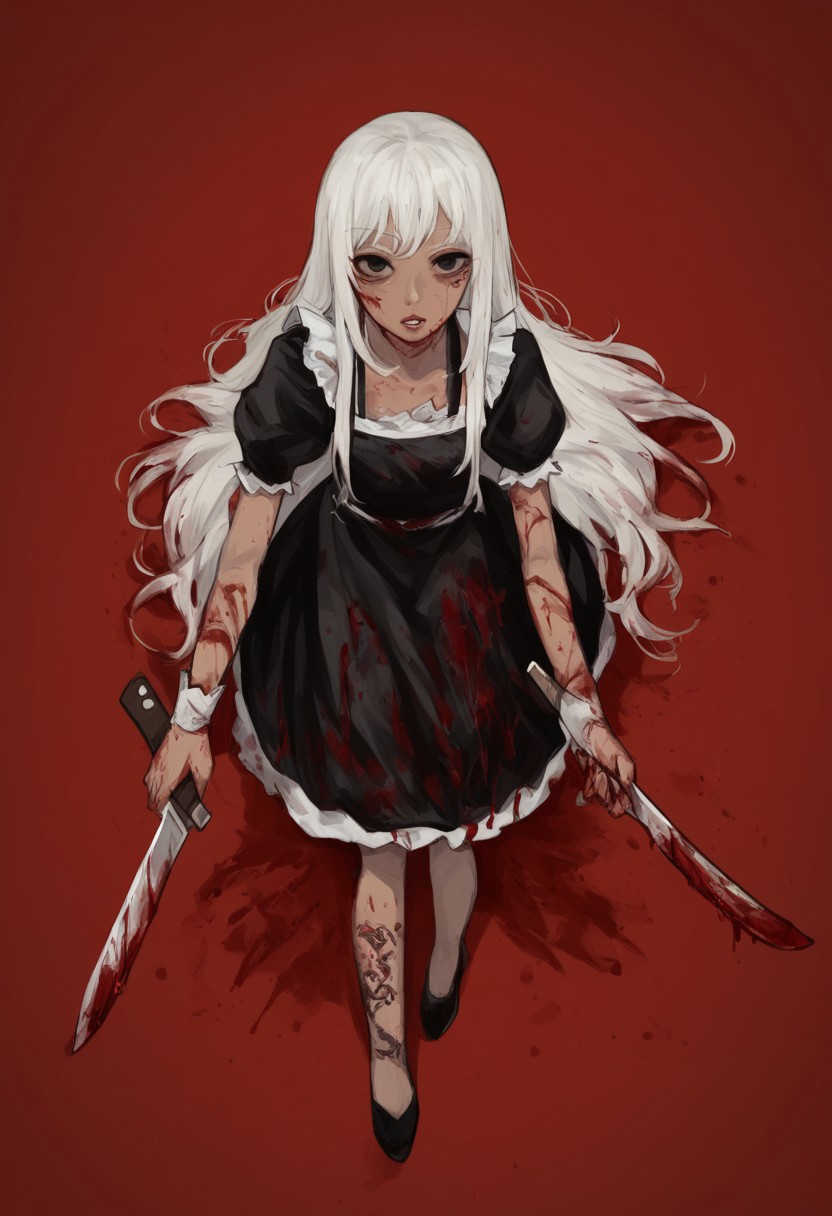 1girl, apron, black dress, black eyes, blood, blood on clothes, blood stain, bloody knife, cleaver, dress, holding, holding knife, knife, leg tattoo, long hair, looking at viewer, maid, parted lips, red background, simple background, solo, tan, tattoo, white hair, from above, high angle, zPDXL3