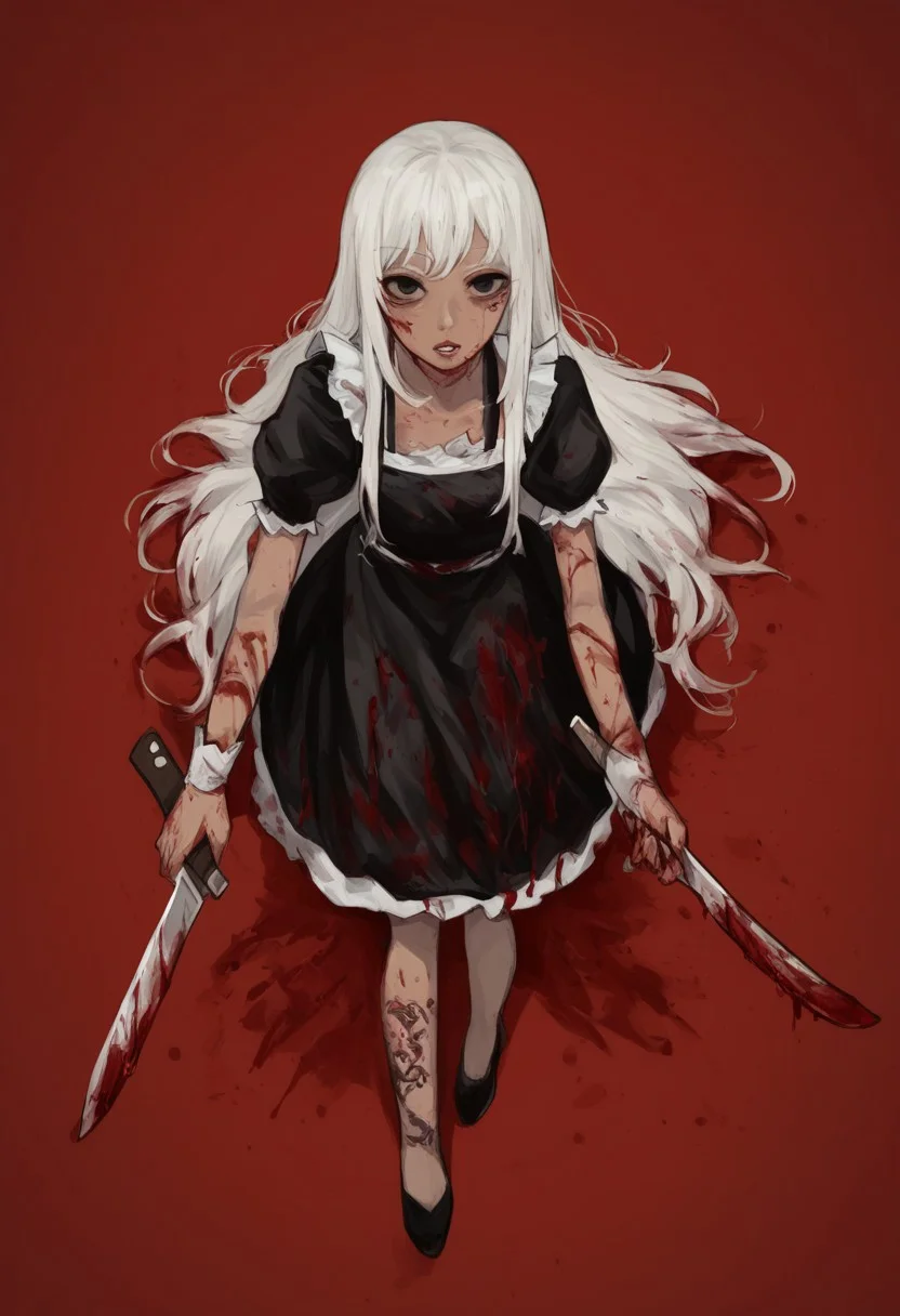 1girl, apron, black dress, black eyes, blood, blood on clothes, blood stain, bloody knife, cleaver, dress, holding, holding knife, knife, leg tattoo, long hair, looking at viewer, maid, parted lips, red background, simple background, solo, tan, tattoo, white hair, from above, high angle, zPDXL3