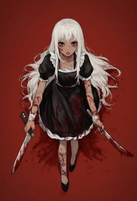 1girl, apron, black dress, black eyes, blood, blood on clothes, blood stain, bloody knife, cleaver, dress, holding, holding knife, knife, leg tattoo, long hair, looking at viewer, maid, parted lips, red background, simple background, solo, tan, tattoo, white hair, from above, high angle, zPDXL3
