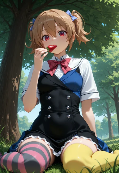<lora:Irisu_Makina_20:1>, red eyes, brown hair, hair between eyes, short hair, short twintails, hair bow,
M4k1Sch, blue bow, asymmetrical dress, two-tone dress, blue dress, black dress, double-breasted, red bowtie, plaid bowtie, sailor collar, short sleeves, white sleeves, frills, mismatched legwear, asymmetrical legwear, pink striped thighhighs, black striped thighhighs, yellow thighhighs,
wariza, grass, tree shade, strawberry, eating, looking at viewer, from below, very awa, masterpiece, best quality, highres, absurdres