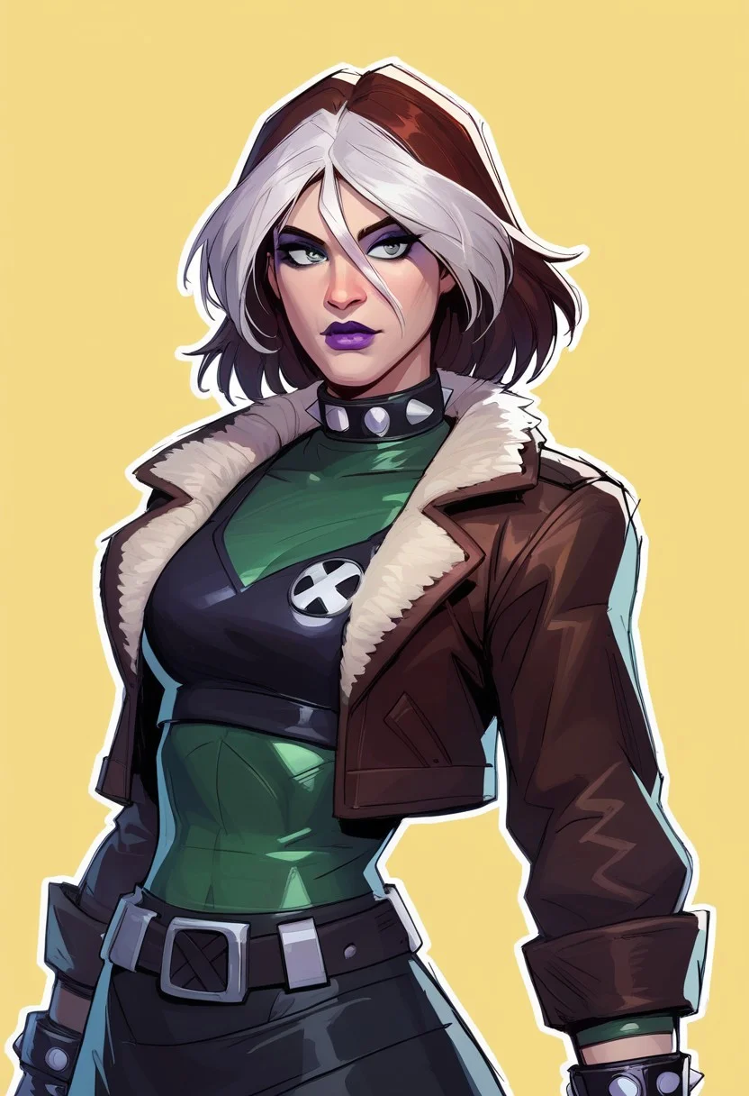 score_9, score_8_up, score_7_up, score_6_up, {Rogue, marvel}, 1girl, pale skin, lilac lips, lilac makeup, short brown hair with white bangs, EVOrogue, black sports bra, studded collar, green mesh top (covered chest), green transparent blouse, long sleeves, gray eyes, black leather skirt, gray tights, big black boots, studded bracelets, leather gloves, brown bomber jacket, fur trim, hood,
casual clothes, goth outfit,
detailed face, pretty face, outline, cel-shading, sketch,
