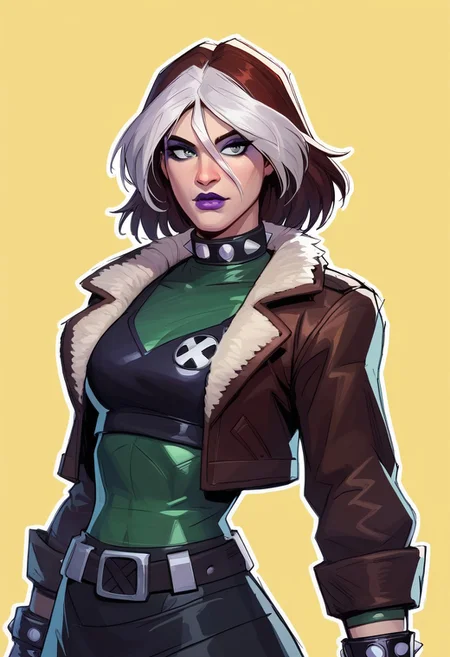 score_9, score_8_up, score_7_up, score_6_up, {Rogue, marvel}, 1girl, pale skin, lilac lips, lilac makeup, short brown hair with white bangs, EVOrogue, black sports bra, studded collar, green mesh top (covered chest), green transparent blouse, long sleeves, gray eyes, black leather skirt, gray tights, big black boots, studded bracelets, leather gloves, brown bomber jacket, fur trim, hood,
casual clothes, goth outfit,
detailed face, pretty face, outline, cel-shading, sketch,
