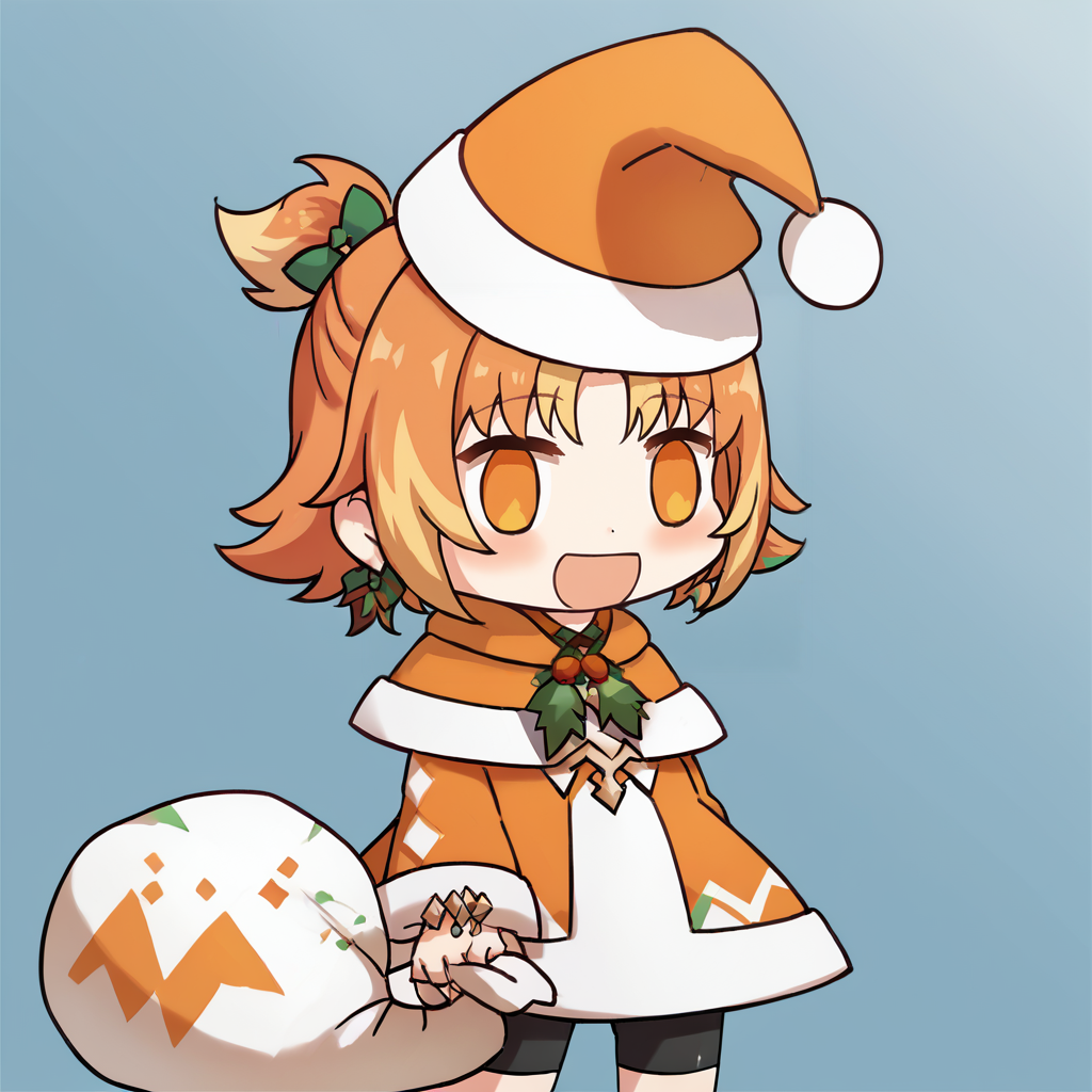 masterpiece, best quality, uncensored, source_anime, score_9, score_8_up, score_7_up, score_6_up, score_5_up, score_4_up, 1girl, solo, hinegenshin, orange eyes, multicolored hair, two-tone hair, blonde hair, orange hair, short hair, ahoge, ponytail, high ponytail, side ponytail, short ponytail, hair bow, green bow, bracelet, white dress, orange jacket, hood, long sleeves, bike shorts, zzPadoru, blush, smile, open mouth, meme, holding sack, santa hat, dress, <lora:HineHaumia:0.8> <lora:add-detail-xl:0.6> <lora:cfg_scale_boost:0.5> <lora:Expressive_H:0.6> <lora:PadoruMemePDXL:1>