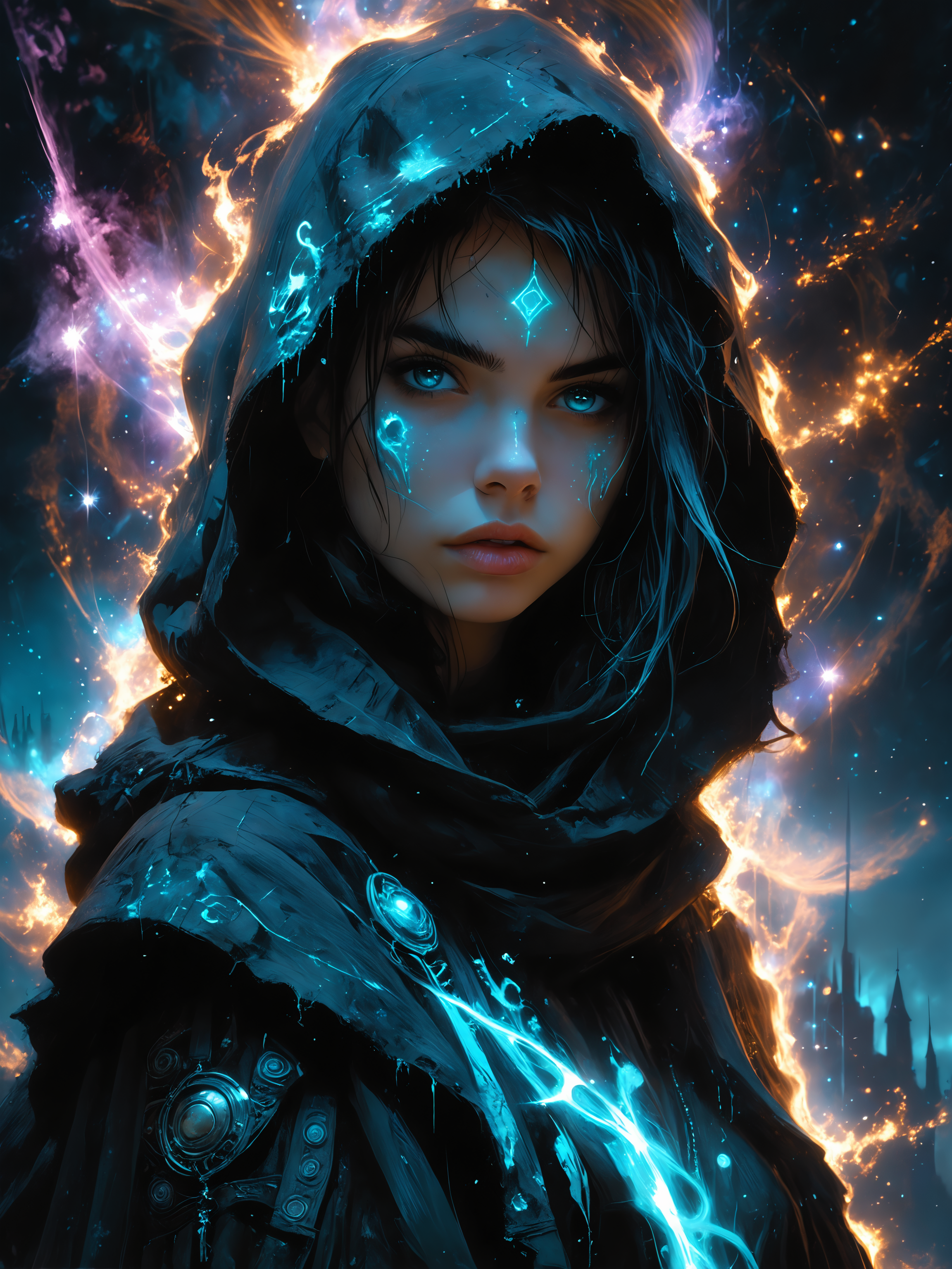 a portrait of a hooded young punk woman, set amidst white and sky-blue auroras, incorporating cosmic plasma markings that evoke a sense of Chemiluminescent Impressionism, (LOW-KEY:1.2) <lora:HellJourney_XL_V12024-08-01_09-12-39-save-2806-8-0:0.6> <lora:incase-ilff-v3-4:0.4> <lora:Fant5yP0ny:0.4> <lora:zavy-cntrst-sdxl:1.0>