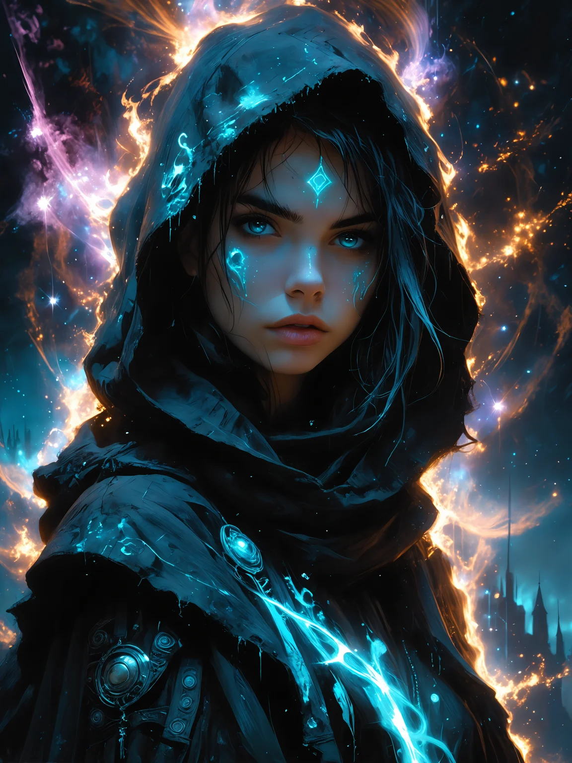a portrait of a hooded young punk woman, set amidst white and sky-blue auroras, incorporating cosmic plasma markings that evoke a sense of Chemiluminescent Impressionism, (LOW-KEY:1.2) <lora:HellJourney_XL_V12024-08-01_09-12-39-save-2806-8-0:0.6> <lora:incase-ilff-v3-4:0.4> <lora:Fant5yP0ny:0.4> <lora:zavy-cntrst-sdxl:1.0>
