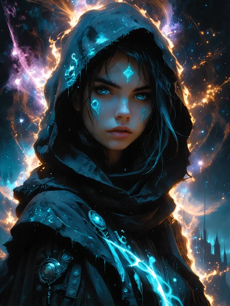 a portrait of a hooded young punk woman, set amidst white and sky-blue auroras, incorporating cosmic plasma markings that evoke a sense of Chemiluminescent Impressionism, (LOW-KEY:1.2) <lora:HellJourney_XL_V12024-08-01_09-12-39-save-2806-8-0:0.6> <lora:incase-ilff-v3-4:0.4> <lora:Fant5yP0ny:0.4> <lora:zavy-cntrst-sdxl:1.0>