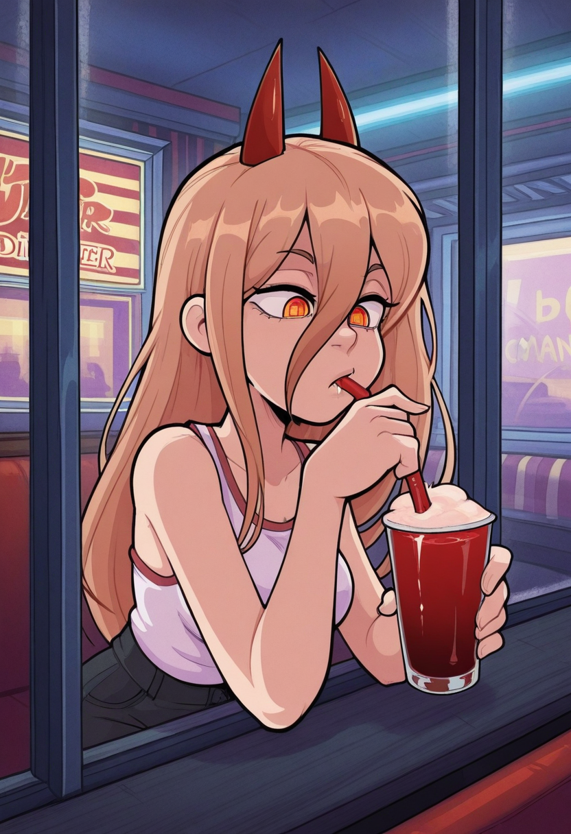 p4n1c3dstyle,   masterpiece, best quality, solo,                                                                                                                                      power \(chainsaw man\),  red horns, drinking blood smoothie, straw, street, seated in diner, warm colors, window,  