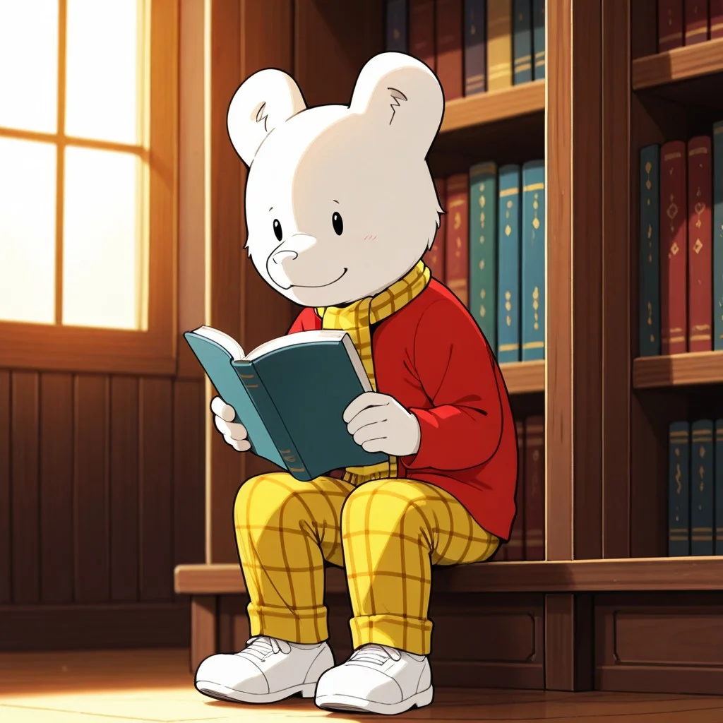 1boy, male, solo, no humans, black eyes, white fur, white nose, plaid pants, long sleeves, red shirt, yellow checkered pants, yellow checkered scarf, white shoes, indoors, smile, closed mouth, reading a large ancient book in a cozy wooden library, warm lighting, focused look,
BREAK best quality, amazing quality, very aesthetic, absurdres, newest, masterpiece, mischievous, sharp focus, high detail, clear image, high resolution,