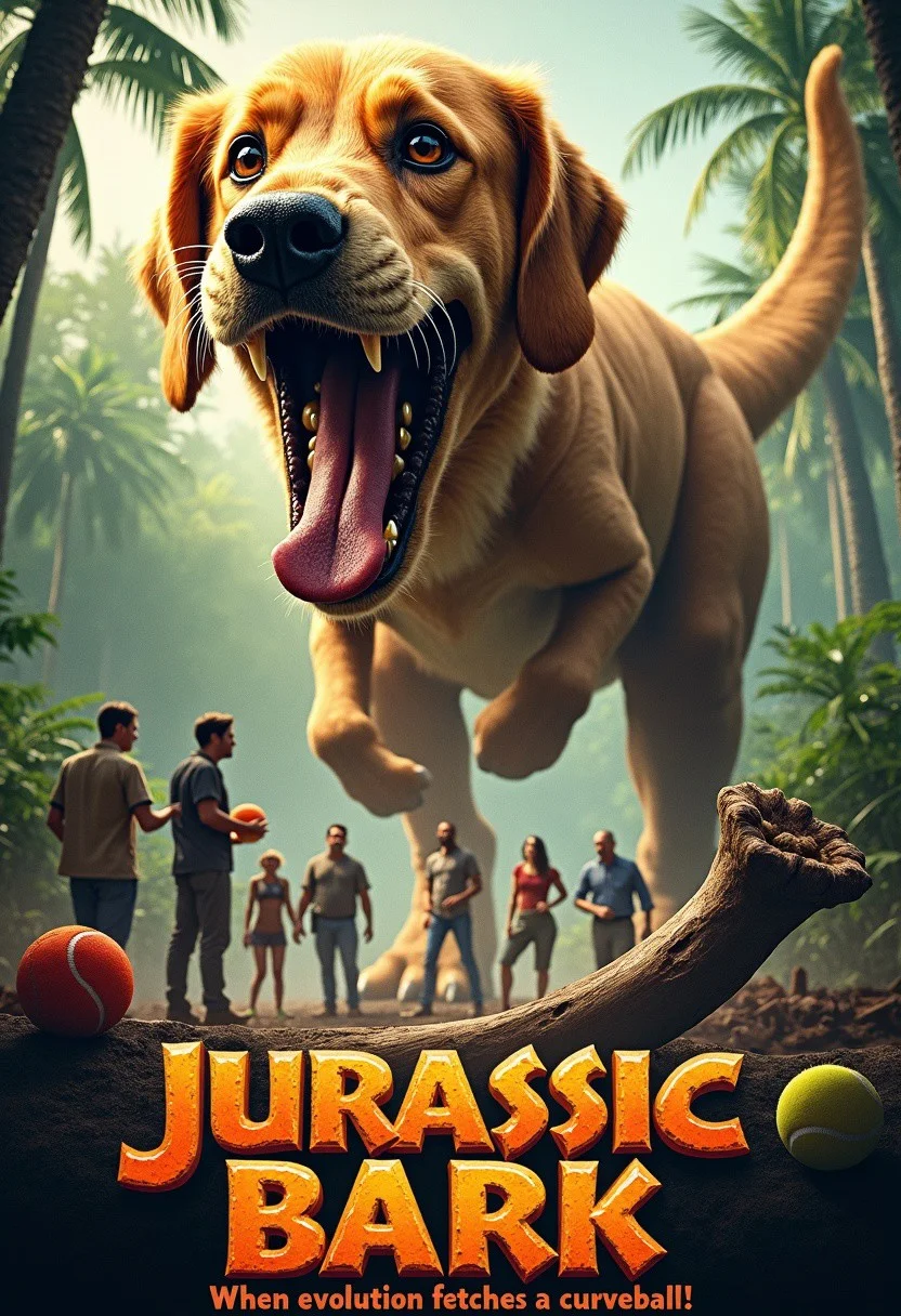 The poster features a massive, roaring T-Rex—but with a twist: it has the adorable face of a golden retriever, complete with floppy ears and a big, drooling tongue. The T-Rex's body is as fearsome as ever, covered in scales and towering over the jungle landscape, but its expression is pure, goofy dog joy.
In the background, a group of terrified scientists and adventurers stand frozen, holding squeaky toys, tennis balls, and dog treats, trying to figure out how to handle this prehistoric pup. The jungle is filled with giant bones, but also oversized dog toys scattered everywhere. The tagline reads, "When evolution fetches a curveball!" The title, "Jurassic Bark," is in bold, cracked letters, looking like it’s been chewed on.