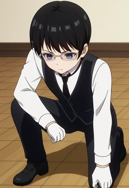 source_anime,anime screencap, anime coloring,intricate details,rating_safe, masterpiece, best quality,
(best quality, absurd res, ultra detailed),,(4 finger:0.5),, ((solo)), good eyes,perfect eyes,,detailed eyes, zPDXLxxx , zPDXL3,detailed, detailed face
BREAK
solo,indoors,
hayasaka, 1boy, black hair, short hair, blue eyes, glasses, white shirt, black vest, black pants, necktie, long sleeves, gloves,
, <lora:add-detail-xl:2>  <lora:Hayasaka_Ai_butler:0.8> 
BREAK
<lora:IKneel_pdxl_Incrs_v1:1> on one knee, full body, looking down, clenched hands, hand on ground, arm on knee