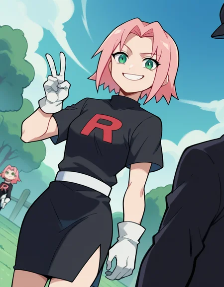 score_9, score_8_up, score_7_up, source_anime, <lora:sakura-haruno-s1-ponyxl-lora-nochekaiser:1>, sakura haruno, medium hair, green eyes, pink hair, parted bangs,, <lora:team-rocket-uniform-ponyxl-lora-nochekaiser:1>, team rocket uniform, black hat, black shirt, black skirt, white belt, white gloves, single letter,, smile, smug, v, outdoors,, , dutch angle, cowboy shot