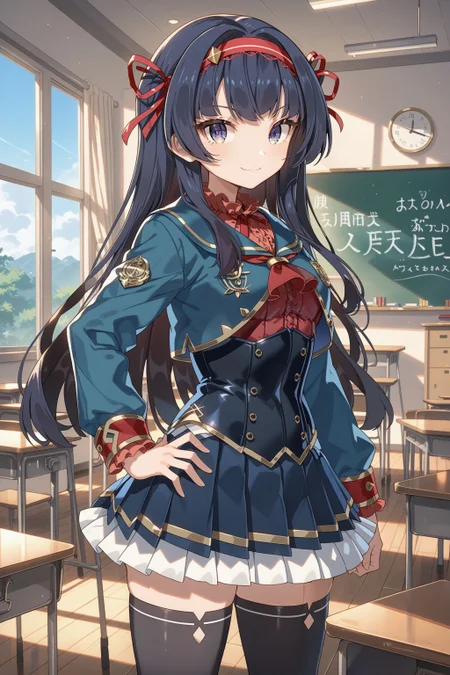 score_max, (score_9, score_8_up, score_7_up:1.0), score_6_up, official art,
masterpiece, absurdres, high detail, 8k,
classroom, chalkboard, wooden floor, window, blue sky,
standing, hand on hip, arm at side, light smile, looking at viewer,
curren, long hair, school uniform, red hairband, hair ribbon, red shirt, frilled shirt, green jacket, long sleeves, crop top, red neckerchief, corset, pleated skirt, black thighhighs, loafers
<lora:XL_Pony_gomaotsu-curren-t1:1.0>