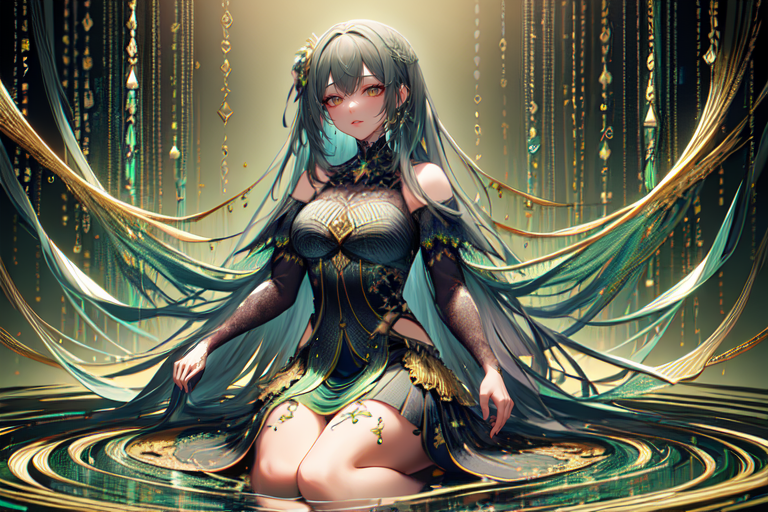 highly insanely detailed, masterpiece, top quality, best quality, highres, 4k, 8k, RAW photo, (very aesthetic, beautiful and aesthetic),  
(code_style,codestyle), 
<lora:CodeStyle (half generic class)_564920:0.8>, 
(1girl:1.3), 1other, 
dazzling gold background,gray background,pastel green background,(rainbow background,colored mosaic background,abstract colored fractal background),âââ