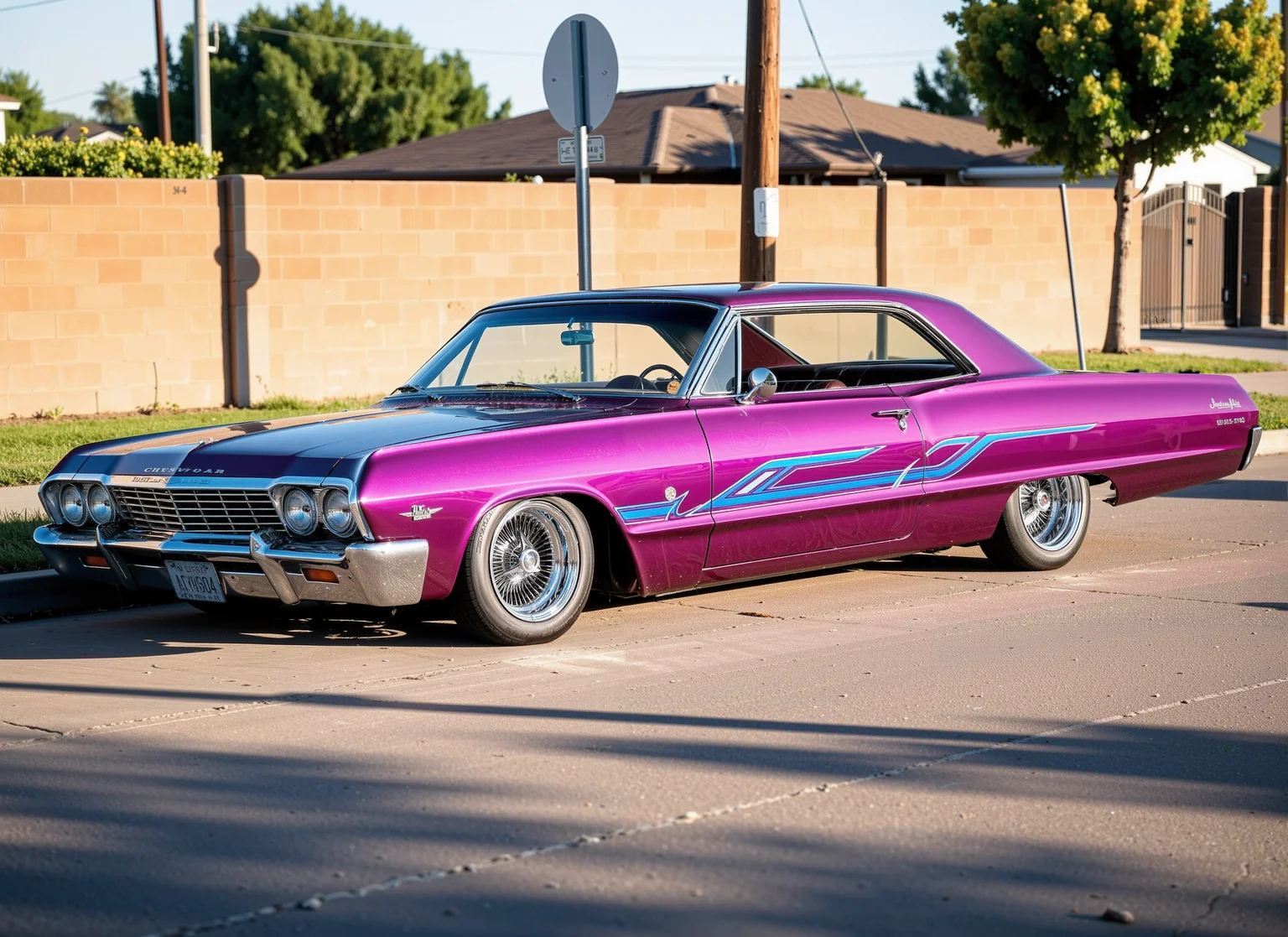 a 1967 chevrolet impala lowrider, 1mp4l4,. chromaflair purple metalflake paint with blue and white straight line designs on it, white sidewall tires, chrome wire wheels, in a los angeles street <lora:lowrider:1> <lora:Chevy_Impala_67:1>