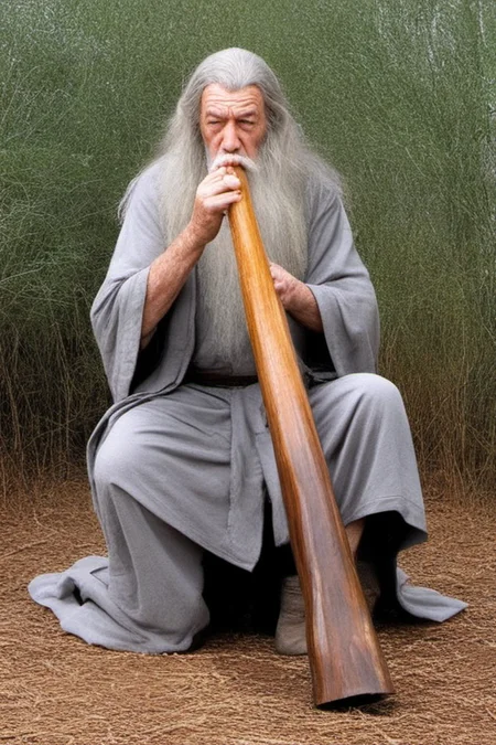 (Gandalf) the grey playing an aboriginal didgeridoo, comedy, social comment, satire, satirical, pop culture, <lora:didgeredoo:0.8>