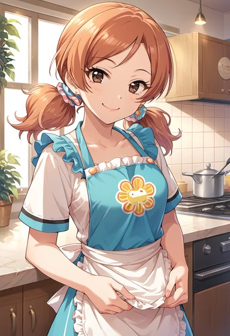 score_9, score_8_up, score_7_up, source_anime,komatsu ibuki, brown eyes, orange hair, 1girl, solo, twintails, apron, smile, scrunchie, earrings, looking at viewer, jewelry, hair scrunchie