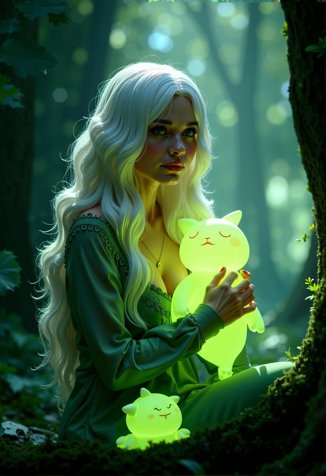 She holds one of the cute glowing spirits close to her chest, as if embracing it, her expression one of deep connection and tenderness.
Photorealistic depiction of a mystical forest scene where a cute and curvy adult woman with long white hair is seated, surrounded by glowing, translucent green spirits, their ethereal light casting a soft glow on her serene face.
Soft, diffused light filtering through the dense forest canopy, creating a gentle, mystical atmosphere that enhances the glow of the spirits.
cinematic lighting, extremely intricate detail character, accurate depiction of character, correct body anatomy, correct hands and fingers, extremely intricate skin and facial skin texture detail, lifelike potrayal, extremely realistic lighting, extreme dynamic pose.