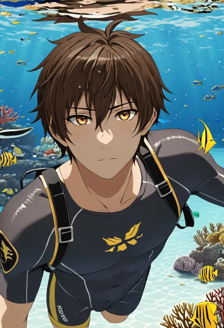 Highres, Masterpiece, High Quality, 4K, 8K, solo, 1Boy, Seiya Kanie, short dark brown hair, golden eyes, sea water, clear, calm, coral reefs, fish, marine life, diving, snorkeling, without snorkel equipment, wet, easynegative, detailed_eye_model