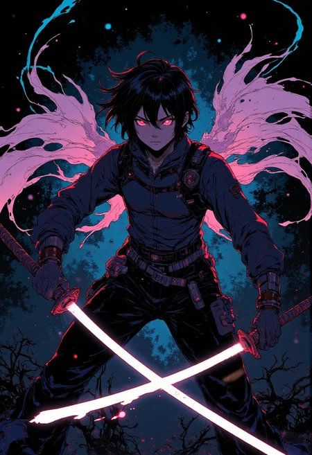 A warrior with angelic, prismatic wings hovers in a maelstrom of luminous rainbow shards, each one razor-sharp and whirling in chaotic patterns. Their dual blades burn with intense white-hot plasma, contrasting against their shadowy silhouette. The black void behind them is pierced by swirling vortexes of green, blue, and fuchsia energy that ripple like liquid light. The characterâs face is a mask of calm, their glowing lavender eyes exuding both serenity and menace as they prepare to strike with divine precision. horizon-centered, POV shot, spotlit, high angle shot, medium wide shot