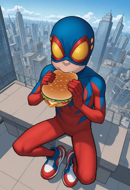 1boy, male focus, cute boy, BaileyBriggs, Mask, Yellow Eyes, Spiderboy Costume, Two-tone Bodysuit, Red Bodysuit, Blue Bodysuit, Red Blue Sneakers, cinematic, intricately detailed illustration, depth of field, masterpiece, best quality, amazing quality, very aesthetic, absurdres, newest, very awa, shadow, dynamic angle, casual cosplay, sitting on rooftop, skyscraper, city skyline, eating a sandwich, maskLiftConcept, Mask above nose, freckles